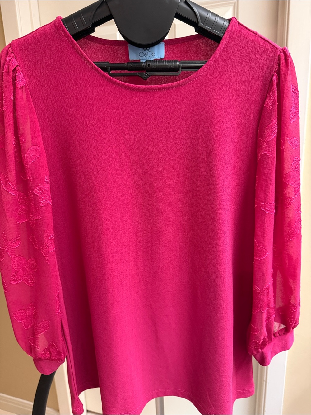 CeCe Hot Pink Floral-Sheer Sleeve Blouse